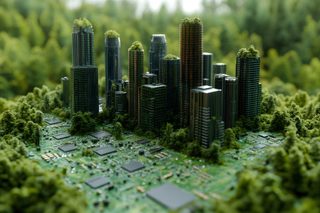 Skyscrapers made of electronic components rise from a green circuit board, blending technology with nature. the scene represents sustainable city planning, innovation, and the merging of ecology and urban design. Generative AIの素材
