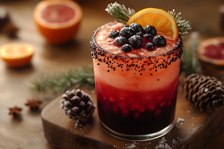 A vibrant winter cocktail garnished with blueberries, an orange slice, and a sprig of pine, served in a glass with a dark rim. surrounded by holiday decor including pinecones and small star anise, creating a festive atmosphere. Generative AIの素材