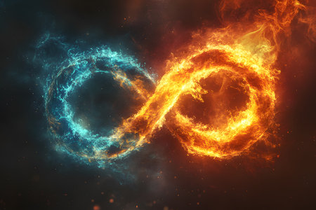 A striking representation of the infinity symbol formed by intertwining flames and icy light. this visual metaphor illustrates the concept of duality, balance, and endless possibilities, blending opposing elements in vivid detail. Generative AIの素材