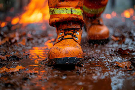 A close-up of a firefighter's sturdy orange boots navigating through muddy terrain with flames blazing in the background, their bravery and resilience in harsh environments. Generative AIの素材