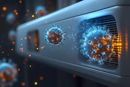 Conceptual image illustrating viruses in an airborne environment. futuristic digital elements in blue and orange highlight the spread of pathogens, emphasizing health, science, and technology themes. Generative AIの素材