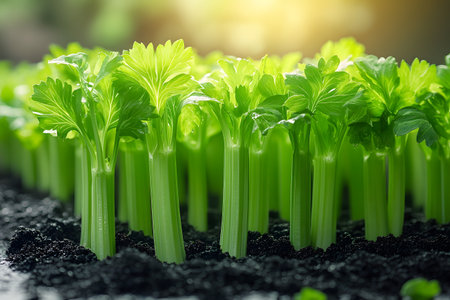 Lush, vibrant celery sprouts thrive in rich, dark soil under warm sunlight. embodies organic farming and sustainable agriculture, the fresh growth of healthy, green produce. Generative AIの素材