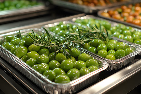 Fresh green olives garnished with sprigs of rosemary are neatly arranged in foil trays, showcasing a vibrant and appetizing display ideal for culinary events, catering, or gourmet presentations. Generative AIの素材