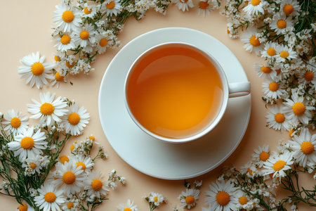 A soothing scene featuring a cup of chamomile tea placed on a saucer, surrounded by fresh daisies. the warm tones create a tranquil ambiance, ideal for promoting relaxation and wellness, suggesting a peaceful tea time experience. Generative AIの素材