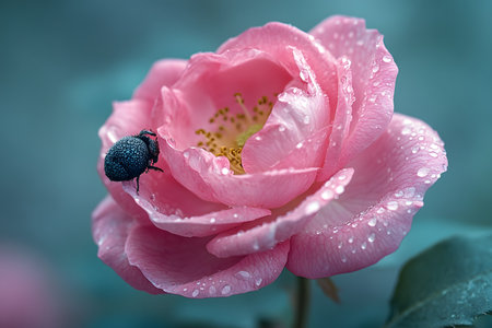 A vibrant pink rose adorned with dewdrops hosts a small black beetle, creating a striking contrast against the soft petals. capturing the essence of a fresh morning, this macro photograph highlights the intricate beauty of nature. Generative AIの素材