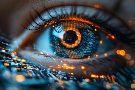 Close-up of a human eye reflecting digital circuits and glowing orange lights, symbolizing the interface between technology and human perception. ideal for themes of innovation, digital advancements, and futuristic concepts. Generative AIの素材