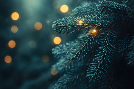 Evergreen branches adorned with small, warm lights evoke a serene winter night. the soft bokeh in the background enhances the festive ambiance, making it perfect for holiday season decorations or greeting card designs. Generative AIの素材