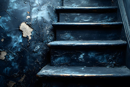 Weathered wooden stairs adjacent to a wall with peeling paint, showcasing textures and a rustic, urban aesthetic. perfect for design concepts focusing on decay, vintage themes, or architectural detail. Generative AIの素材