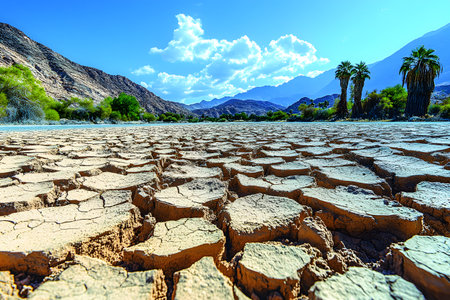 Cracked earth extends through a sunlit desert landscape beneath a vivid blue sky scattered with clouds. towering palm trees add contrast, framing rugged mountains in the distance, evoking themes of arid beauty and resilience. Generative AIの素材