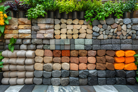 Diverse stone textures and colors are artfully arranged against a vibrant backdrop of lush greenery. this harmonious blend of natural elements offers a visually striking palette, ideal for innovative landscaping and garden design projects. Generative AIの素材