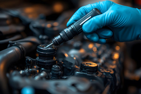 Close-up of a mechanic's hand in blue gloves using a screwdriver on a car engine. the scene highlights technical expertise and precision in automotive repair within a workshop setting. Generative AIの素材