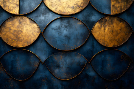 Geometric wall art featuring metallic gold and deep blue circular patterns creates a striking visual contrast. these textured surfaces offer a luxurious and modern aesthetic, perfect for upscale interior decoration. Generative AIの素材
