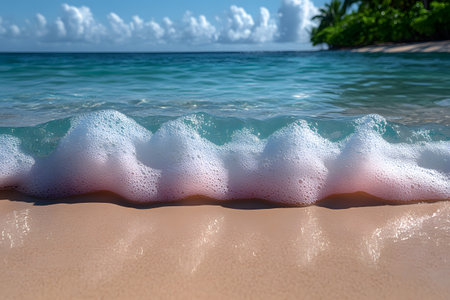 Scenic view of a tropical beach featuring gentle waves lapping against pristine sandy shores under a clear blue sky. the turquoise sea is capped with frothy white foam, creating a tranquil and inviting atmosphere perfect for summer travel themes. Generative AIの素材
