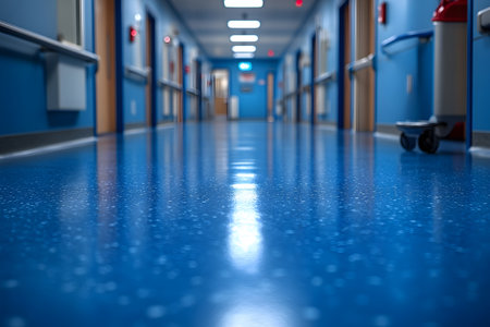 A modern hospital corridor featuring striking blue flooring and ceiling lights. the hallway is lined with doors and medical equipment, creating a clean and professional healthcare environment. Generative AIの素材