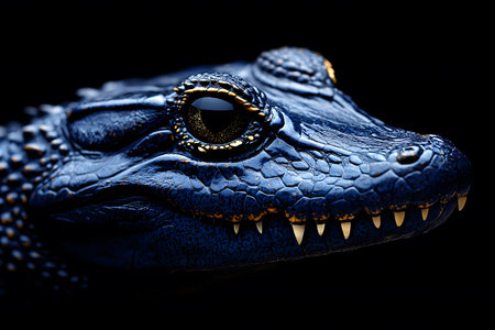 Intense close-up of a blue alligator showcasing its textured scales and sharp teeth against a stark black backdrop. the detailed focus on the eye and intricate skin patterns highlights the creature's majestic features, perfect for artistic and educational use. Generative AIの素材