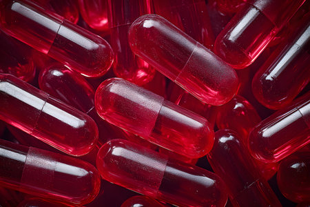 Red gel capsules assembled in a dense pattern, the texture and transparency of each unit. useful for themes related to pharmaceuticals, healthcare, and medical supplies. Generative AIの素材
