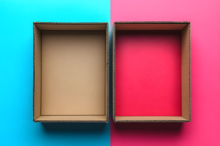 Two open cardboard boxes placed on a split vibrant background of blue and pink create a striking minimalist composition. the contrasting colors highlight the boxes' textures, offering a modern and artistic look suitable for design, print, or decor inspiration. Generative AIの素材
