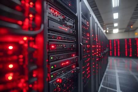 A modern data center showcasing rows of server racks with glowing red indicator lights, emphasizing advanced technology and efficient data management systems within a secure, high-tech environment. Generative AIの素材
