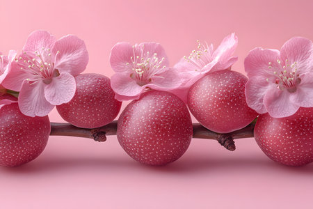 A harmonious composition featuring delicate pink blossoms and berry-like fruits on a branch set against a pink backdrop. the vibrant colors and textures create a visually appealing contrast, perfect for design and decor uses. Generative AIの素材