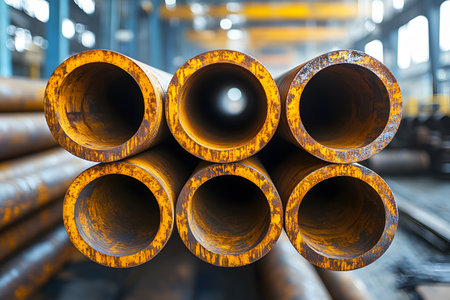 A close-up view of stacked industrial steel pipes in a factory warehouse, showcasing their circular openings and rust-colored exterior. the blurred background reveals the expansive layout of the manufacturing facility. Generative AIの素材