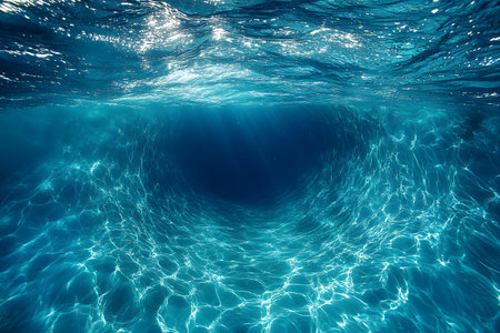 An underwater scene showcasing a mesmerizing ocean vortex illuminated by sunlight rays piercing through the water's surface. the captivating play of light and texture, creating a serene yet dynamic marine environment. Generative AIの素材