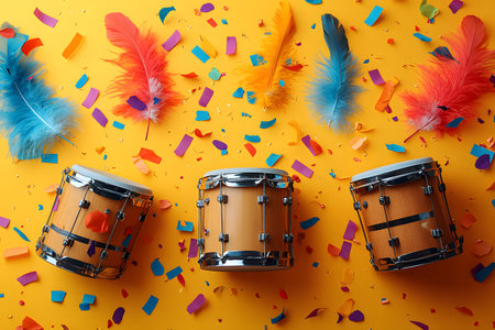 Three festive drums are surrounded by colorful feathers and scattered confetti set against a bright yellow background. the lively arrangement evokes the energy and excitement of a carnival or celebration, embodying themes of rhythm and joy. Generative AIの素材