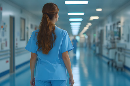 A healthcare professional in blue scrubs walks through a bright hospital corridor. the clean and modern medical environment professionalism, dedication, and the essence of healthcare services. Generative AIの素材
