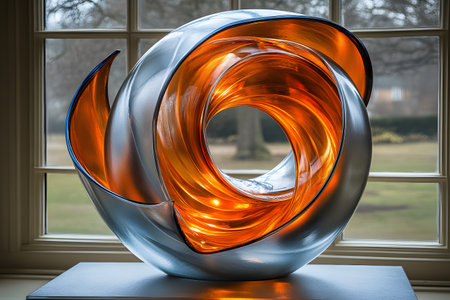 Abstract glass sculpture featuring an intricate swirl design with vibrant orange and silver hues. set against a neutral backdrop with natural light streaming through a window, the sculpture's translucent beauty and intricate craftsmanship. Generative AIの素材