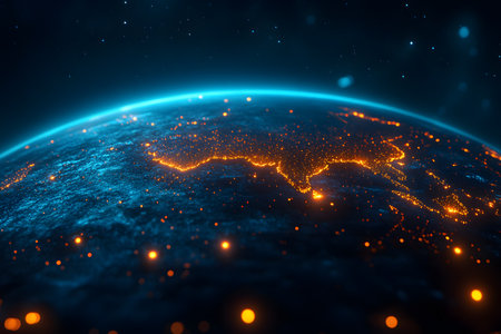 Stunning depiction of earth illuminated at night, showcasing vibrant city lights and connectivity. highlights technological advancements, global communication, and the interconnectedness of modern society. Generative AIの素材