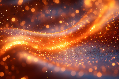 Glittering golden bokeh lights create a dynamic wave pattern over a textured, shimmering fabric background. this abstract visual merges warmth and elegance, ideal for creative design elements, festive ambiance, or luxury-themed projects. Generative AIの素材