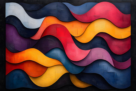 Vibrant waves of color sweep across a textured canvas, blending deep blues, fiery reds, and bright yellows. this modern abstract art piece highlights dynamic movement and creative energy, making it ideal for contemporary decor and art enthusiasts. Generative AIの素材