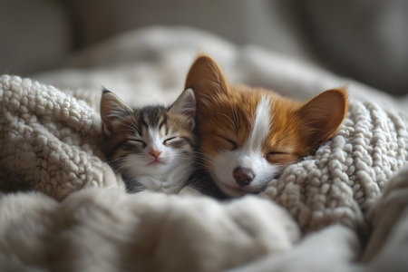 A kitten and a puppy peacefully sleep side by side, nestled in a soft, chunky knit blanket. the serene ambiance highlights the warmth of their companionship and the cozy tranquility, making it perfect for themes of friendship and comfort. Generative AIの素材
