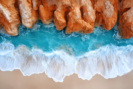 A stunning aerial perspective showcases turquoise ocean waves meeting bright orange cliffs along a sandy shoreline. the contrast between the vibrant colors and textures creates a captivating coastal scene, ideal for nature-inspired designs. Generative AIの素材