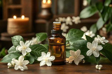 Aromatherapy essence bottle surrounded by jasmine flowers and lush green leaves, set on a wooden surface. soft candlelight flickers in the background, creating a tranquil and inviting atmosphere perfect for relaxation and wellness themes. Generative AIの素材