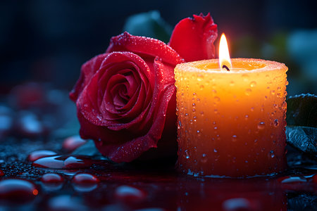 A vibrant red rose paired with a glowing orange candle surrounded by glistening water droplets, creating a romantic and serene atmosphere. ideal for valentine's day or love-themed designs and celebrations. Generative AIの素材