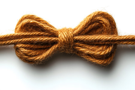 A intricately tied natural fiber bow tie knot set against a pristine white background. the texture and color of the fiber add a rustic charm, ideal for themes of nature, simplicity, and raw beauty. Generative AIの素材