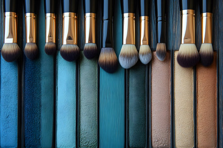 A selection of professional makeup brushes paired with a palette of blue and neutral eyeshadows. perfect for beauty enthusiasts and fashion design projects, precision and artistry in cosmetics. Generative AIの素材