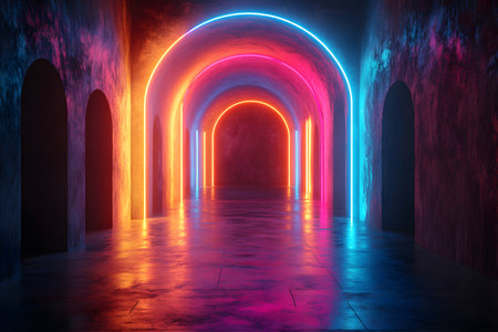 A vivid tunnel illuminated with neon lights showcases a fusion of futuristic and artistic design. the gradient colors create a dynamic atmosphere, perfect for use in modern creative projects and digital backgrounds. Generative AIの素材