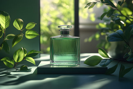 A refined green glass perfume bottle sits on a pedestal, surrounded by vibrant green leaves. sunlight streams through, the elegant design and reflecting a serene, natural ambiance. ideal for high-end fragrance marketing. Generative AIの素材