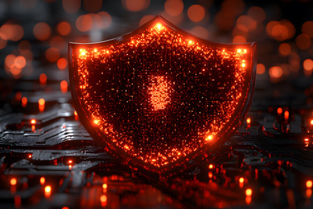 A glowing red shield symbolizing cybersecurity is set against a backdrop of digital circuitry. the illuminated shield signifies protection and security in modern computing networks, the importance of safeguarding information. Generative AIの素材