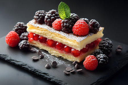 A gourmet mille-feuille dessert showcases layers of flaky pastry interspersed with bright red berries and dusted with powdered sugar. topped with fresh raspberries, blackberries, and a mint leaf, it's elegantly served on a slate plate with chocolate chips. Generative AIの素材