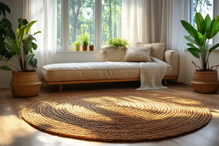 A bright living room featuring a comfortable daybed adorned with cushions and a knitted throw. the room is enhanced by potted plants and a woven circular rug, set against large sunlit windows creating an inviting, serene atmosphere. Generative AIの素材