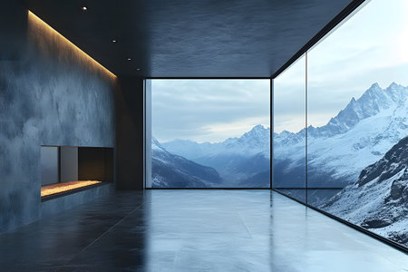Spacious minimalist interior boasts floor-to-ceiling windows, offering breathtaking views of snowy mountains. the modern fireplace adds warmth, creating an inviting retreat. perfect for luxury design inspiration. Generative AIの素材