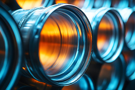 Close-up view of industrial metal barrels with warm orange and blue reflections, showcasing their cylindrical form. the lighting enhances the metallic texture and creates an artistic play of colors, ideal for industrial and design themes. Generative AIの素材