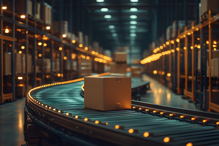 Warehouse interior showcasing a streamlined conveyor system transporting a cardboard box. warm lighting accentuates the organized rows of shelves and packaging materials, automated logistics and inventory management. Generative AIの素材