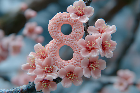Stylized number eight adorned with intricate pink details sits among delicate cherry blossoms on a branch. the harmonious blend of textures and pastel colors evokes a sense of springtime elegance, ideal for artistic designs. Generative AIの素材