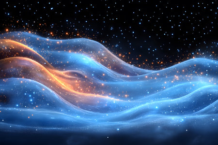 Abstract digital artwork showcasing vibrant blue and orange cosmic waves against a starry night sky. ideal for use in digital design projects, posters, or as an inspiration for creative works. Generative AIの素材