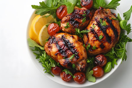 Grilled chicken thighs topped with fresh herbs rest on a bed of mixed greens in a white bowl. lemon wedges add a zesty touch, while roasted cherry tomatoes contribute color and flavor, creating a perfect healthy meal option. Generative AIの素材