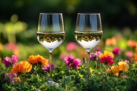 Two glasses of white wine stand elegantly amidst a colorful garden filled with blooming flowers. the reflections of the blossoms in the wine enhance the scene, creating a harmonious blend of nature and leisure. Generative AIの素材