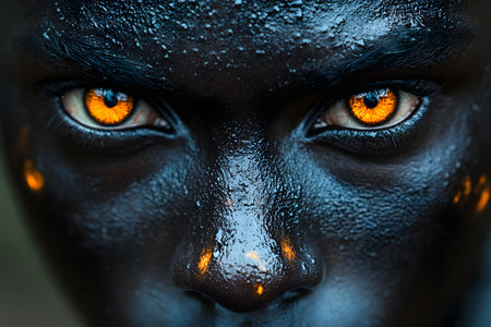 Captivating close-up portrait focusing on intensely radiant eyes contrasting against a dark, textured surface. the vibrant colors and striking details evoke a sense of mystery and depth, creating a compelling visual impact. Generative AIの素材